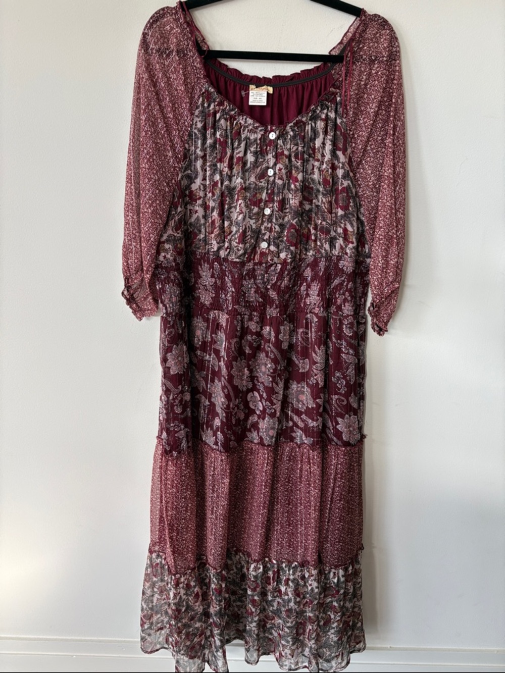 Sweet magnolia Boho Tiered Floral Maxi Dress in Burgundy paisley floral XXL